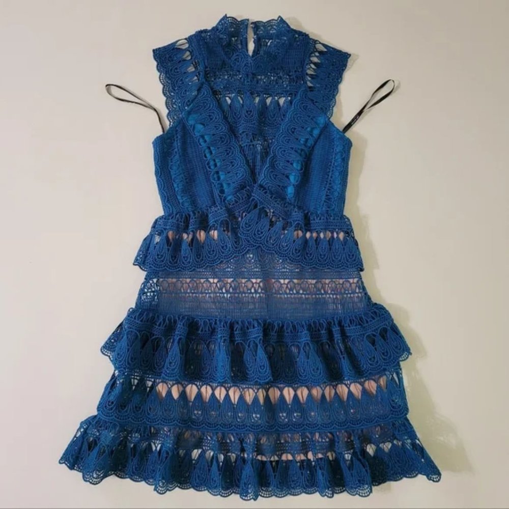 Self-Portrait Tiered Lace Mini-Dress in Teal - Picture 2 of 12